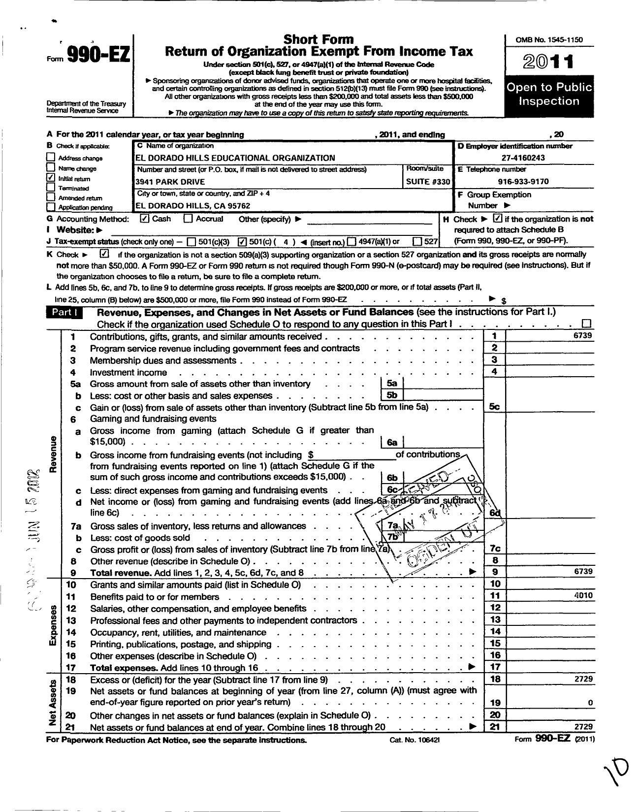Image of first page of 2011 Form 990EO for El Dorado Hills Educational Organization