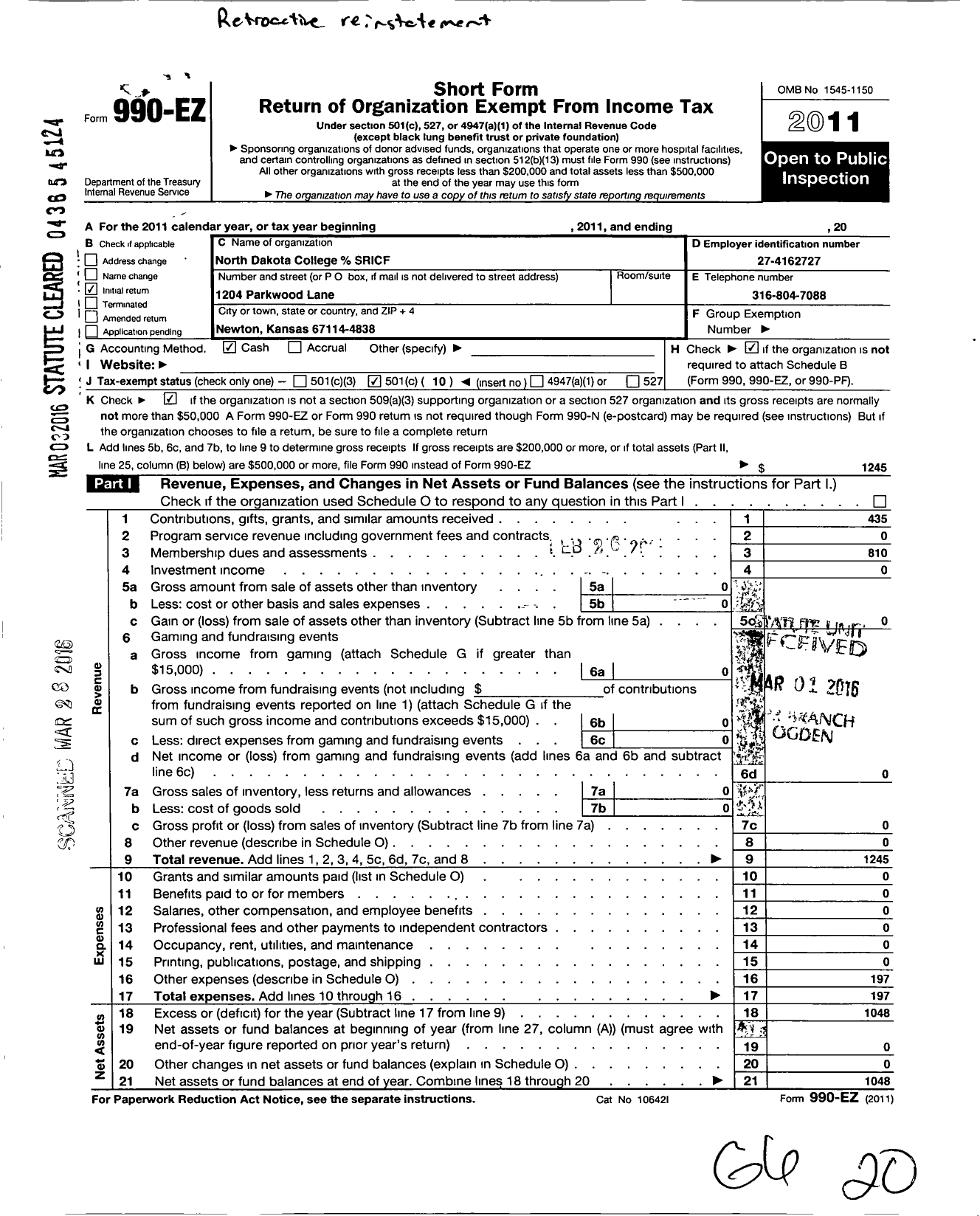 Image of first page of 2011 Form 990EO for North Dakota College Societas Rosicruciana in Civitatibus Foeder