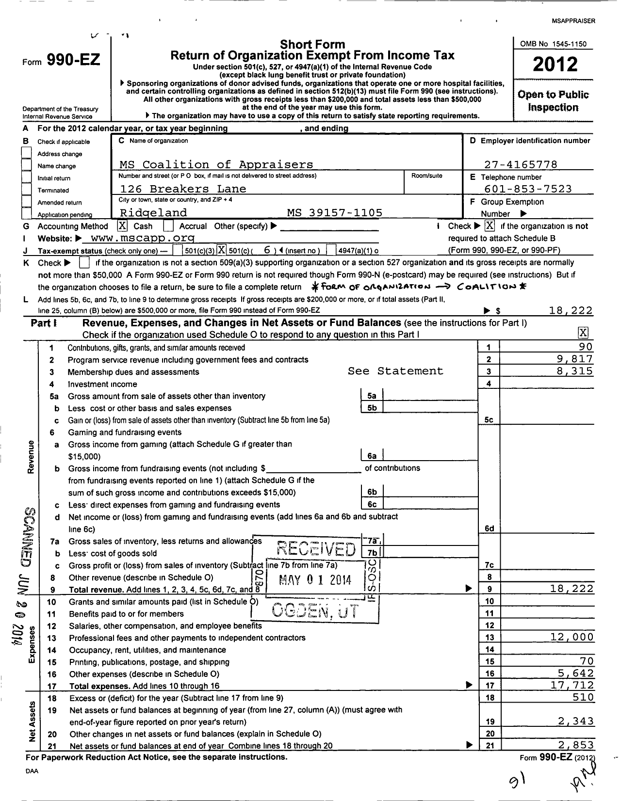 Image of first page of 2012 Form 990EO for Mississippi Coalition of Appraisers