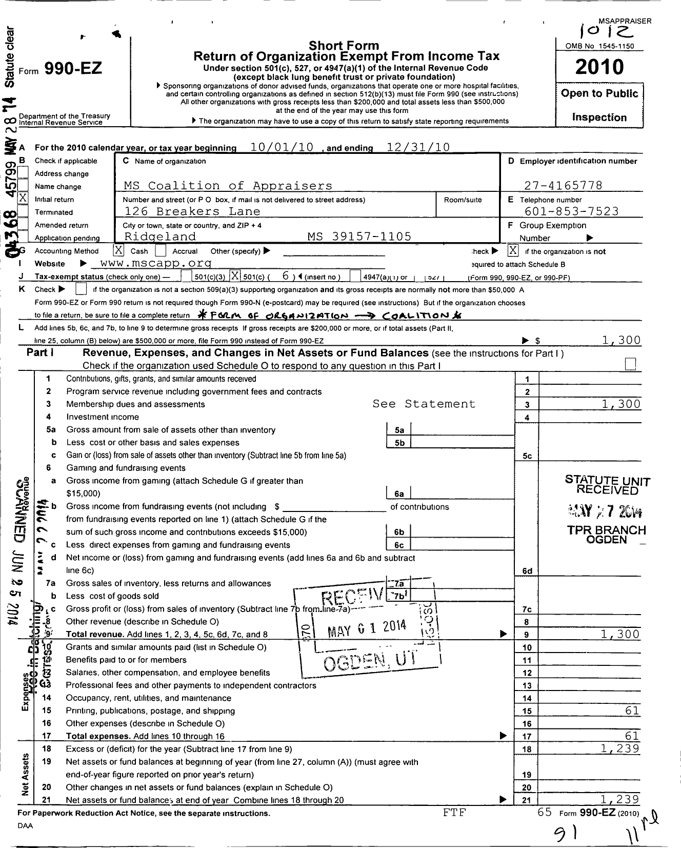 Image of first page of 2010 Form 990EO for Mississippi Coalition of Appraisers