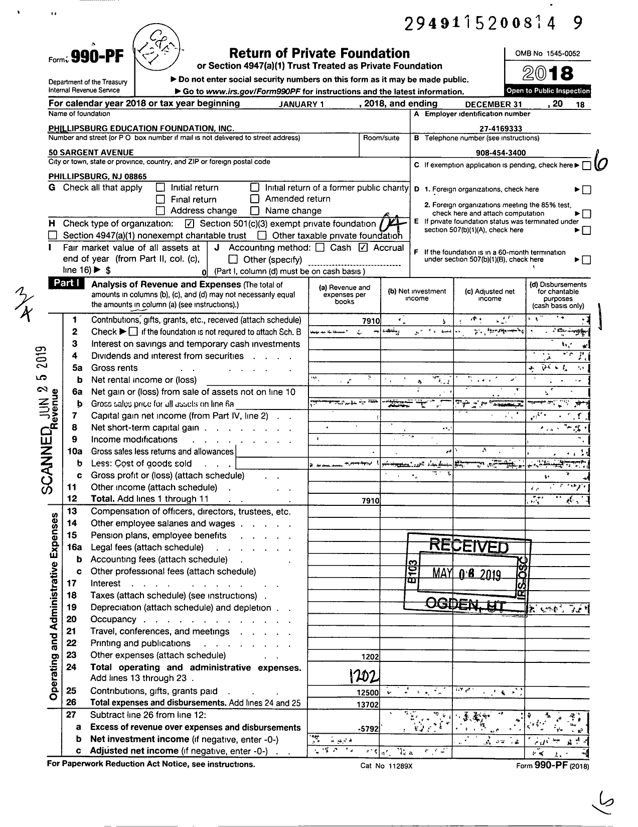 Image of first page of 2018 Form 990PF for Phillipsburg Education Foundation