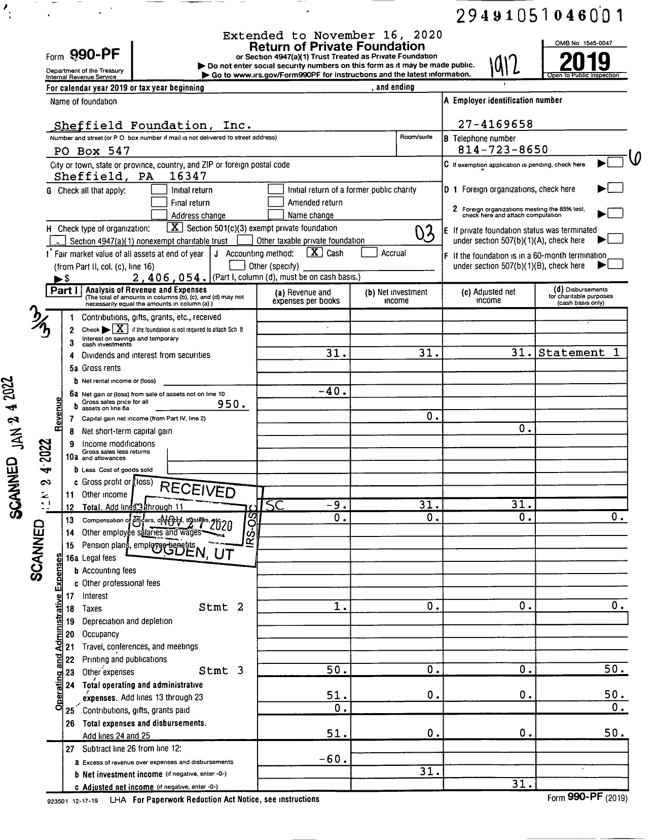 Image of first page of 2019 Form 990PF for Sheffield Foundation