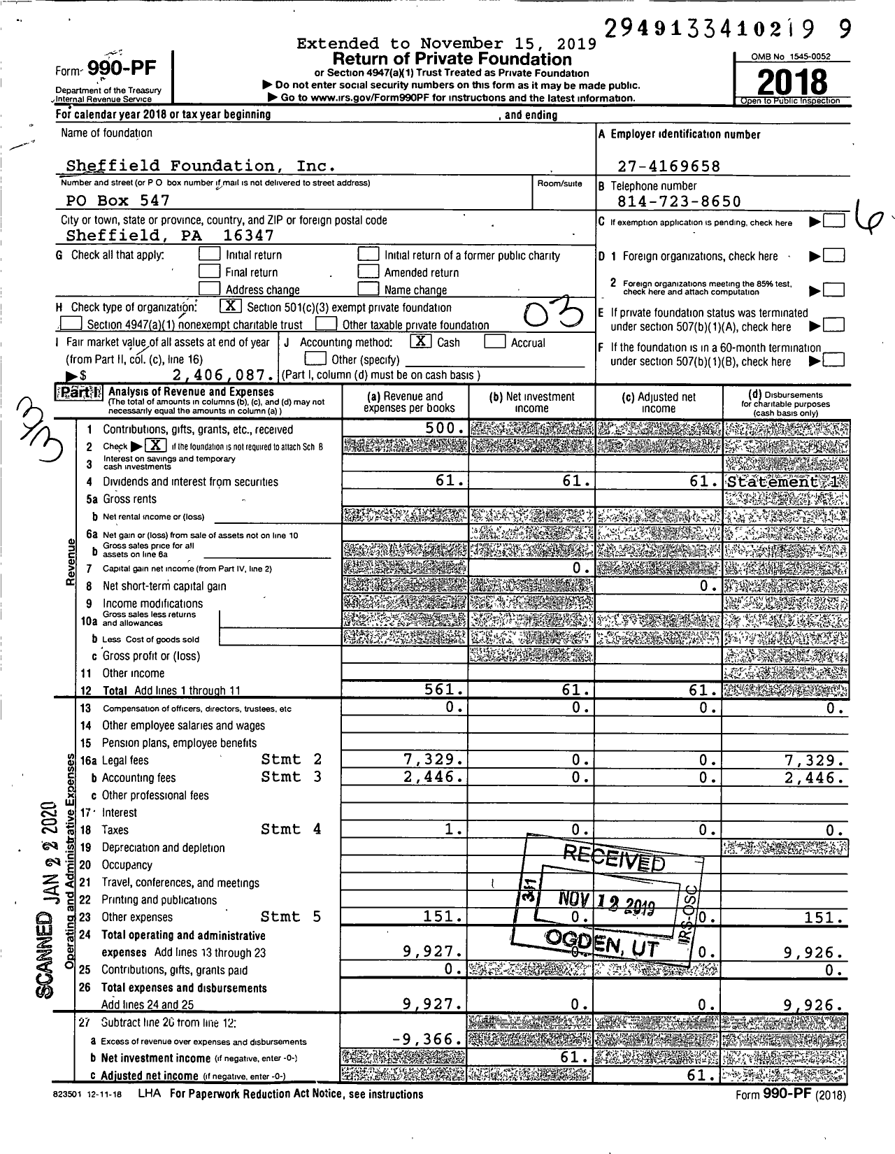 Image of first page of 2018 Form 990PF for Sheffield Foundation