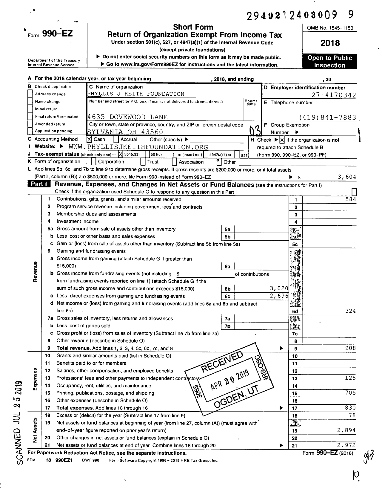 Image of first page of 2018 Form 990EZ for Phyllis J Keith Foundation