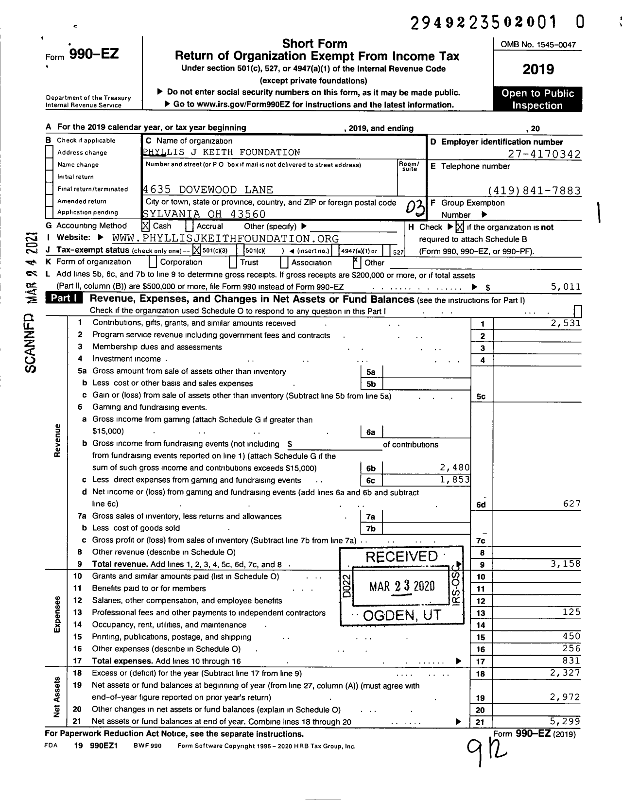 Image of first page of 2020 Form 990EZ for Phyllis J Keith Foundation