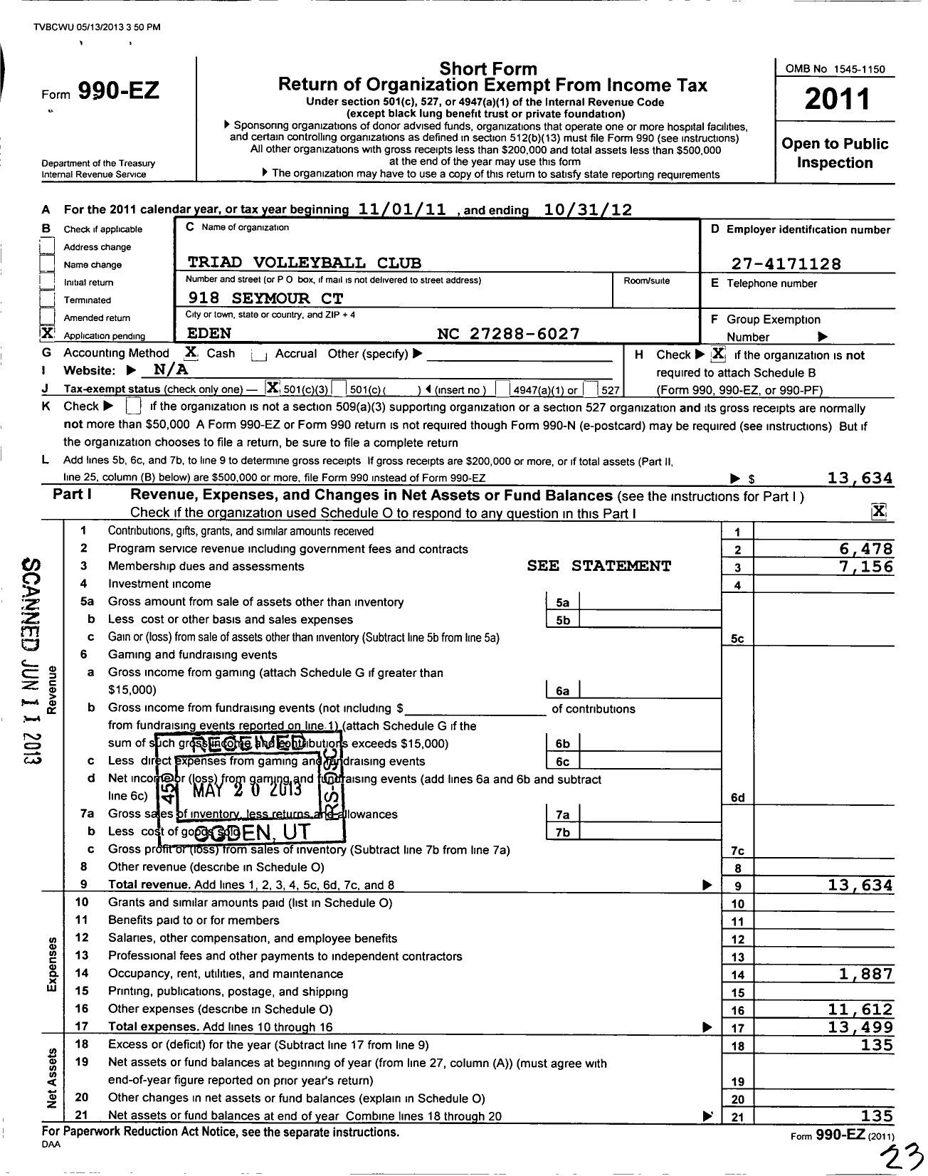 Image of first page of 2011 Form 990EZ for Triad Volleyball Club