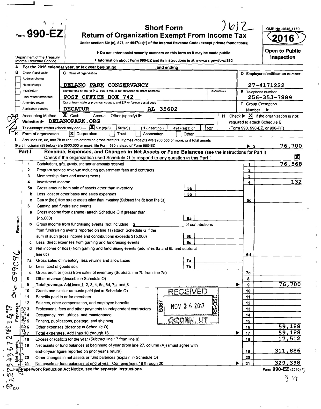 Image of first page of 2016 Form 990EZ for Delano Park Conservancy