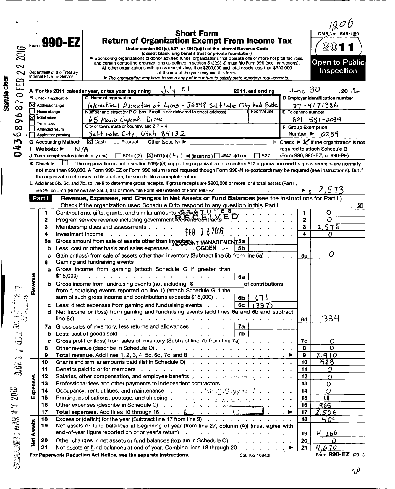 Image of first page of 2011 Form 990EO for International Association of Lions Clubs / 56349 Salt Lake City Red Butte