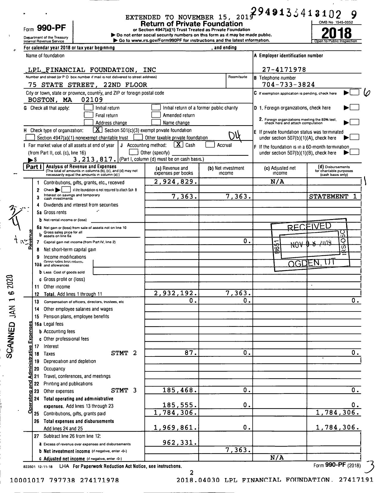 Image of first page of 2018 Form 990PF for LPL Financial Foundation