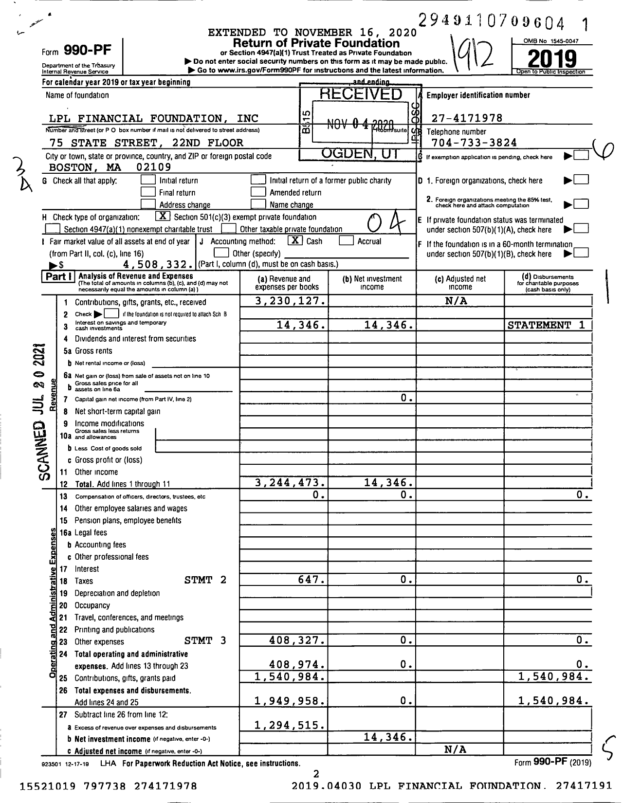 Image of first page of 2019 Form 990PF for LPL Financial Foundation