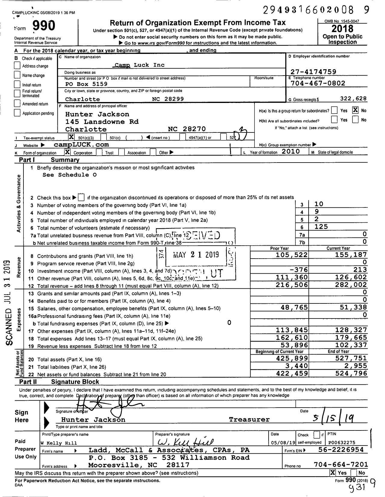 Image of first page of 2018 Form 990 for Camp Luck