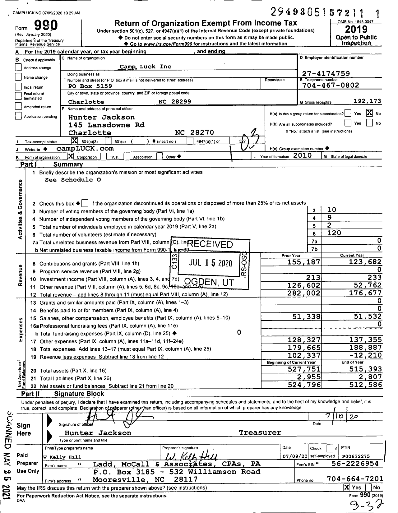 Image of first page of 2019 Form 990 for Camp Luck
