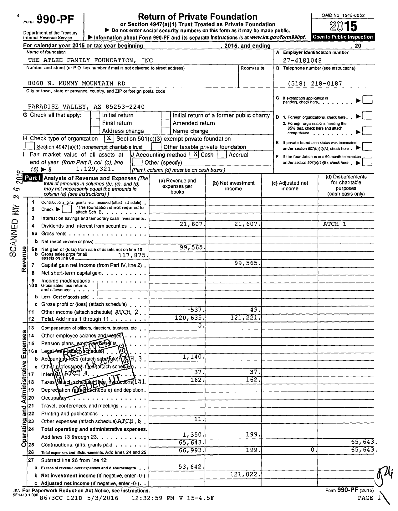 Image of first page of 2015 Form 990PF for The Atlee Family Foundation
