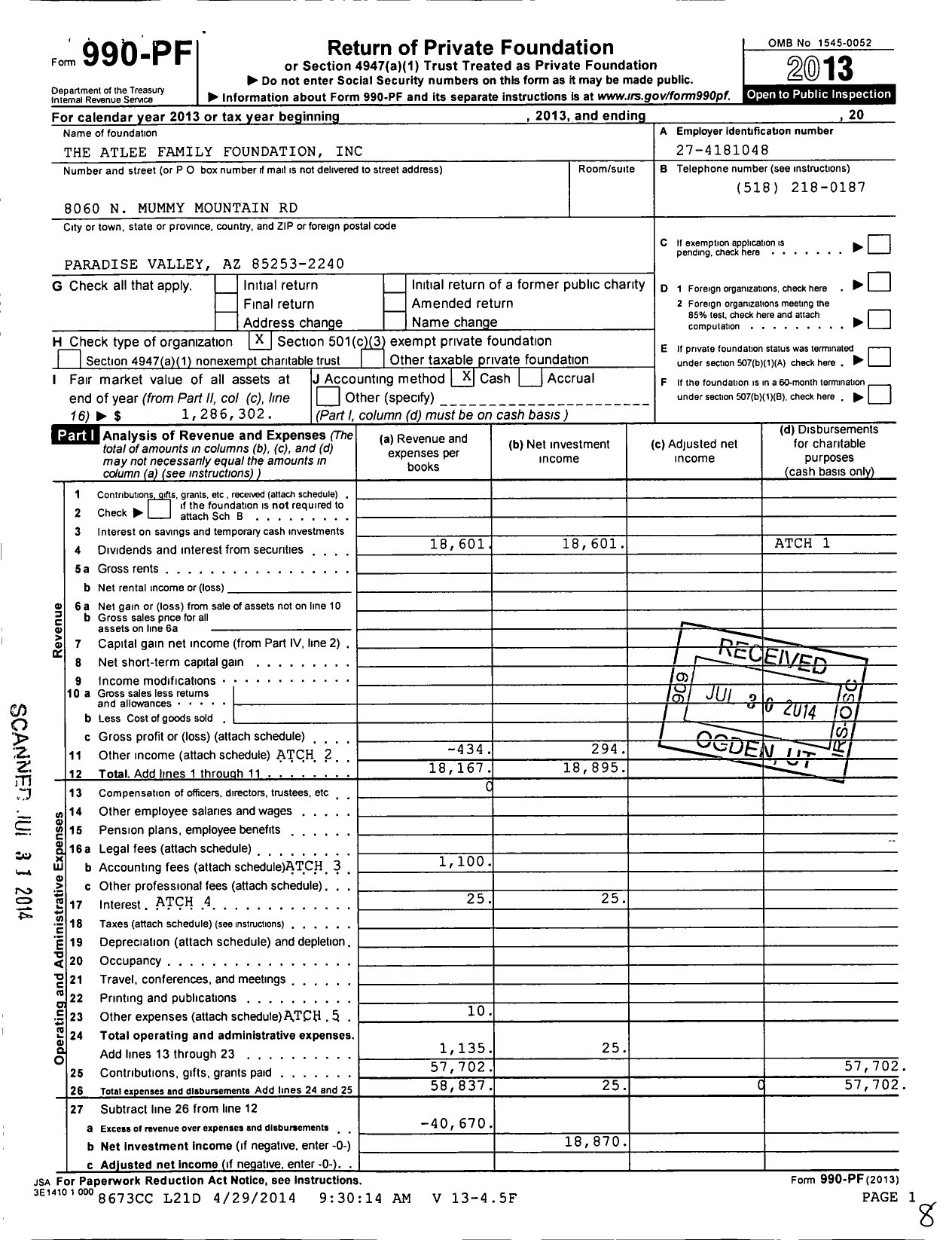 Image of first page of 2013 Form 990PF for The Atlee Family Foundation