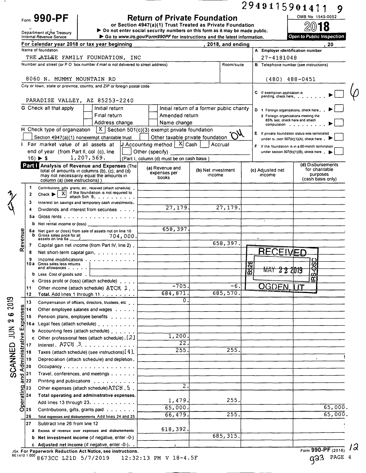 Image of first page of 2018 Form 990PF for The Atlee Family Foundation