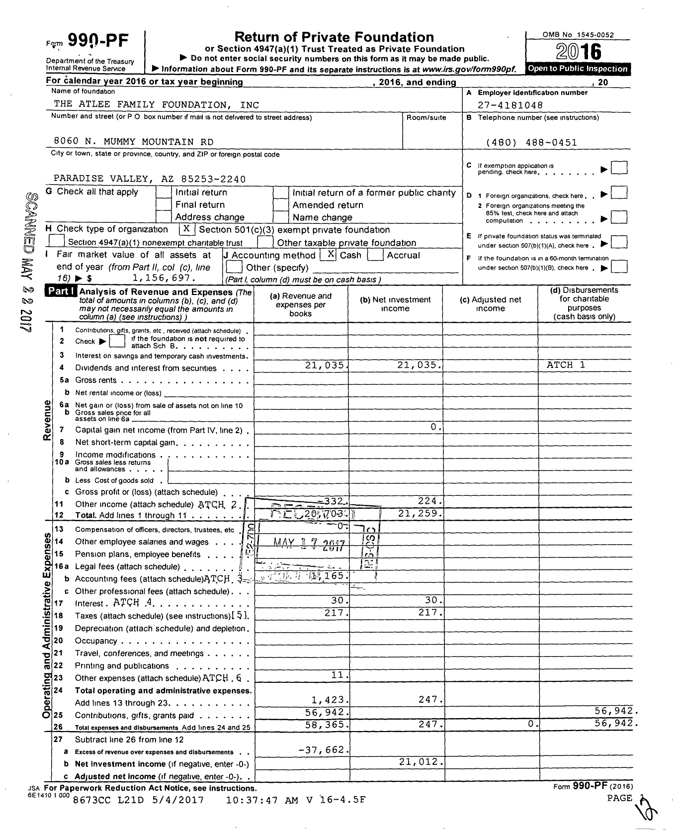 Image of first page of 2016 Form 990PF for The Atlee Family Foundation