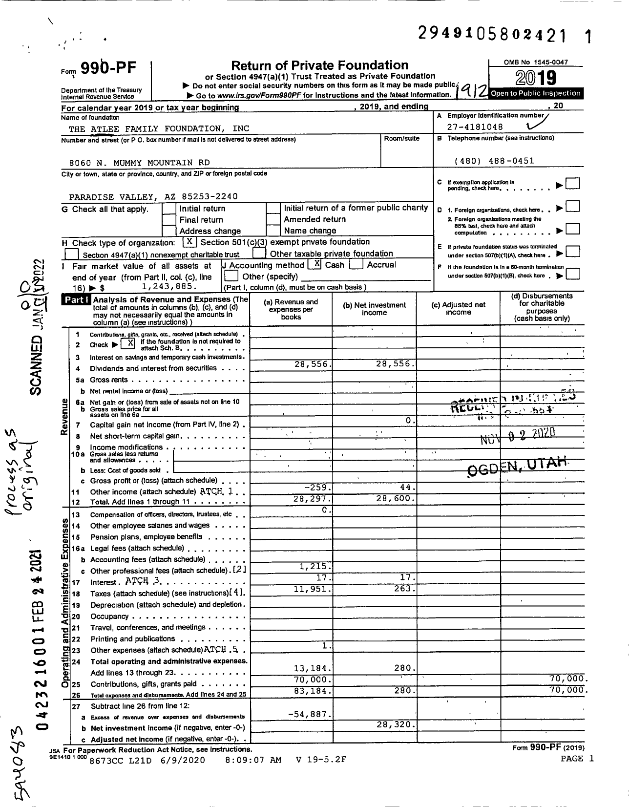 Image of first page of 2019 Form 990PF for The Atlee Family Foundation