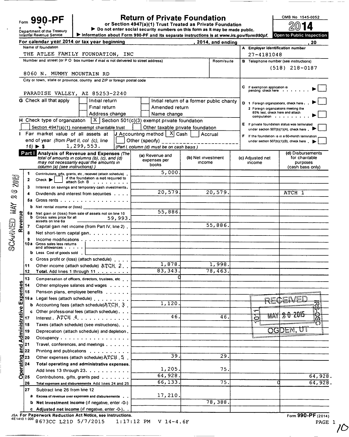 Image of first page of 2014 Form 990PF for The Atlee Family Foundation