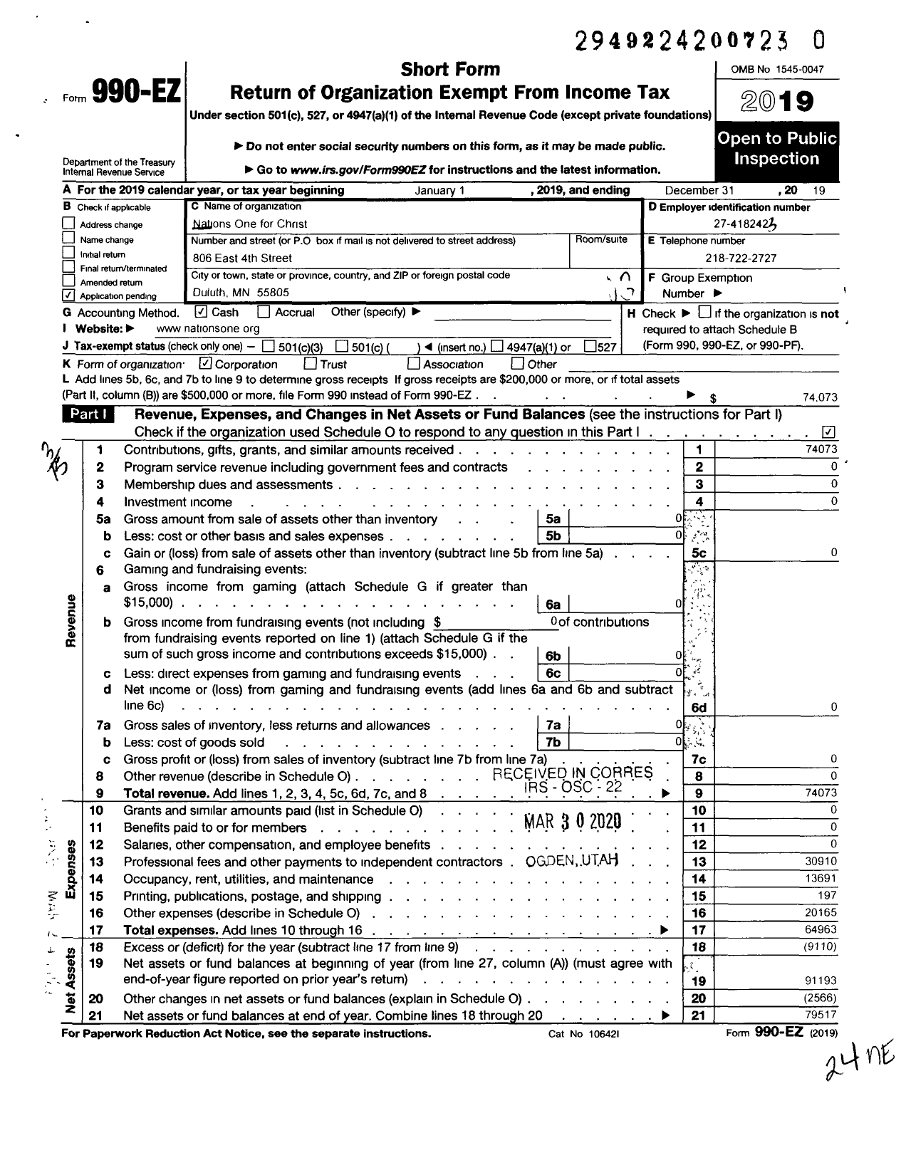 Image of first page of 2019 Form 990EZ for Nations One for Christ