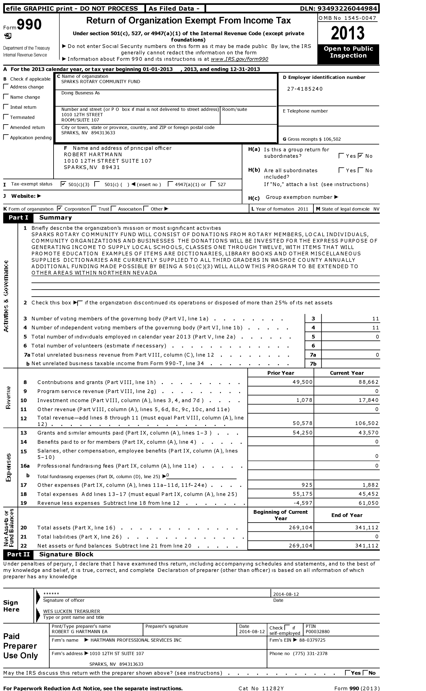 Image of first page of 2013 Form 990 for Sparks Rotary Community Fund