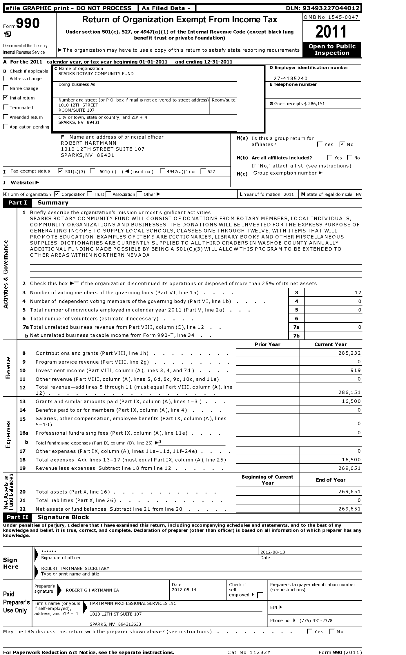 Image of first page of 2011 Form 990 for Sparks Rotary Community Fund