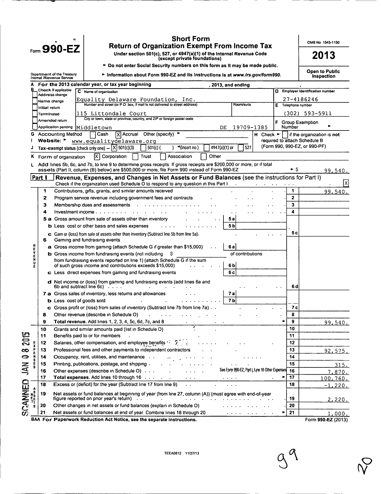 Image of first page of 2013 Form 990EZ for Equality Delaware Foundation