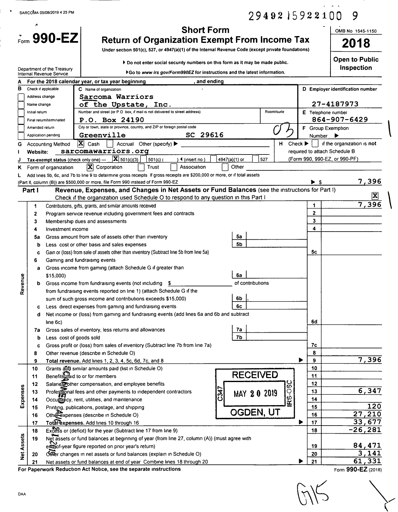 Image of first page of 2018 Form 990EZ for Just Cause Cares