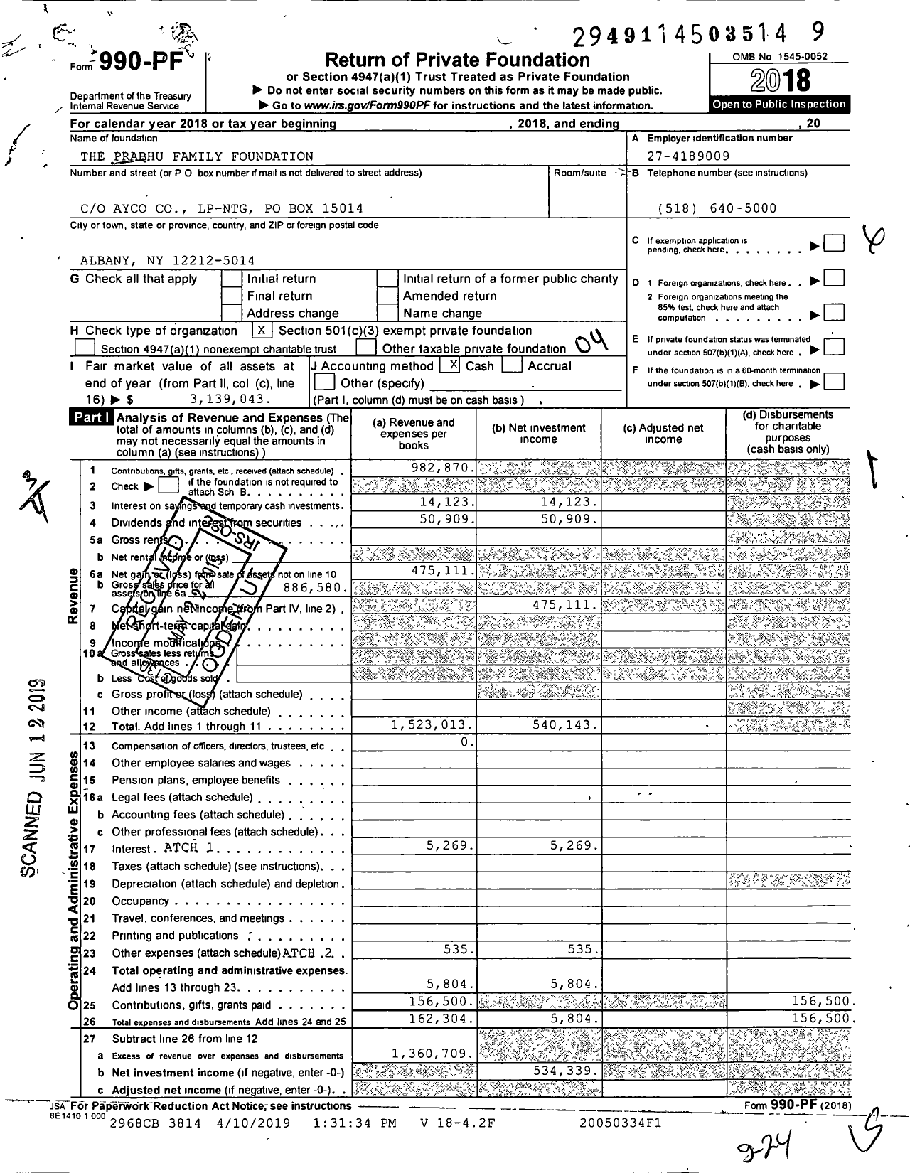 Image of first page of 2018 Form 990PF for The Prabhu Family Foundation