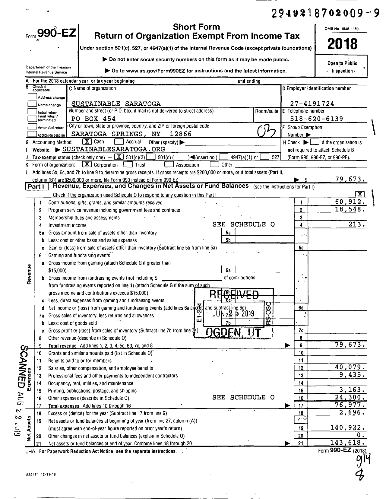 Image of first page of 2018 Form 990EZ for Sustainable Saratoga