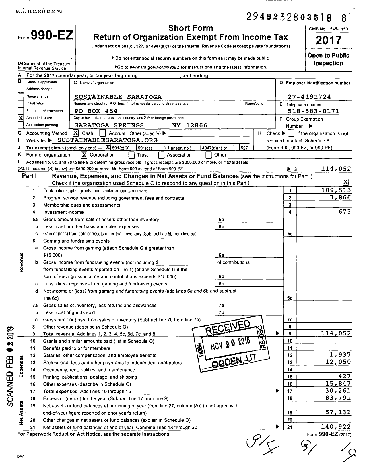 Image of first page of 2017 Form 990EZ for Sustainable Saratoga