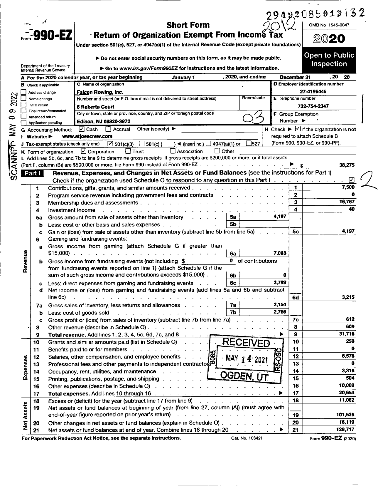 Image of first page of 2020 Form 990EZ for Falcon Rowing