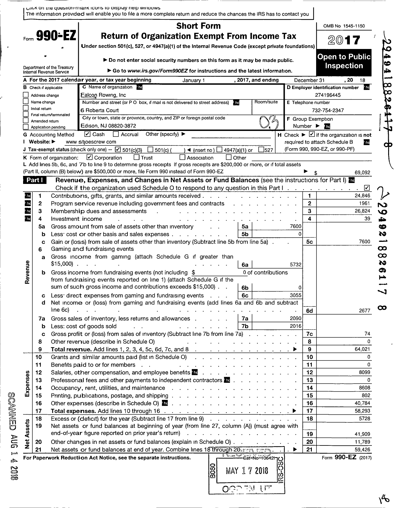 Image of first page of 2018 Form 990EZ for Falcon Rowing