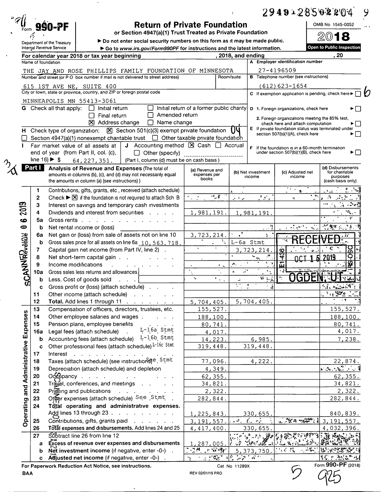 Image of first page of 2018 Form 990PF for The Jay and Rose Phillips Family Foundation of Minnesota