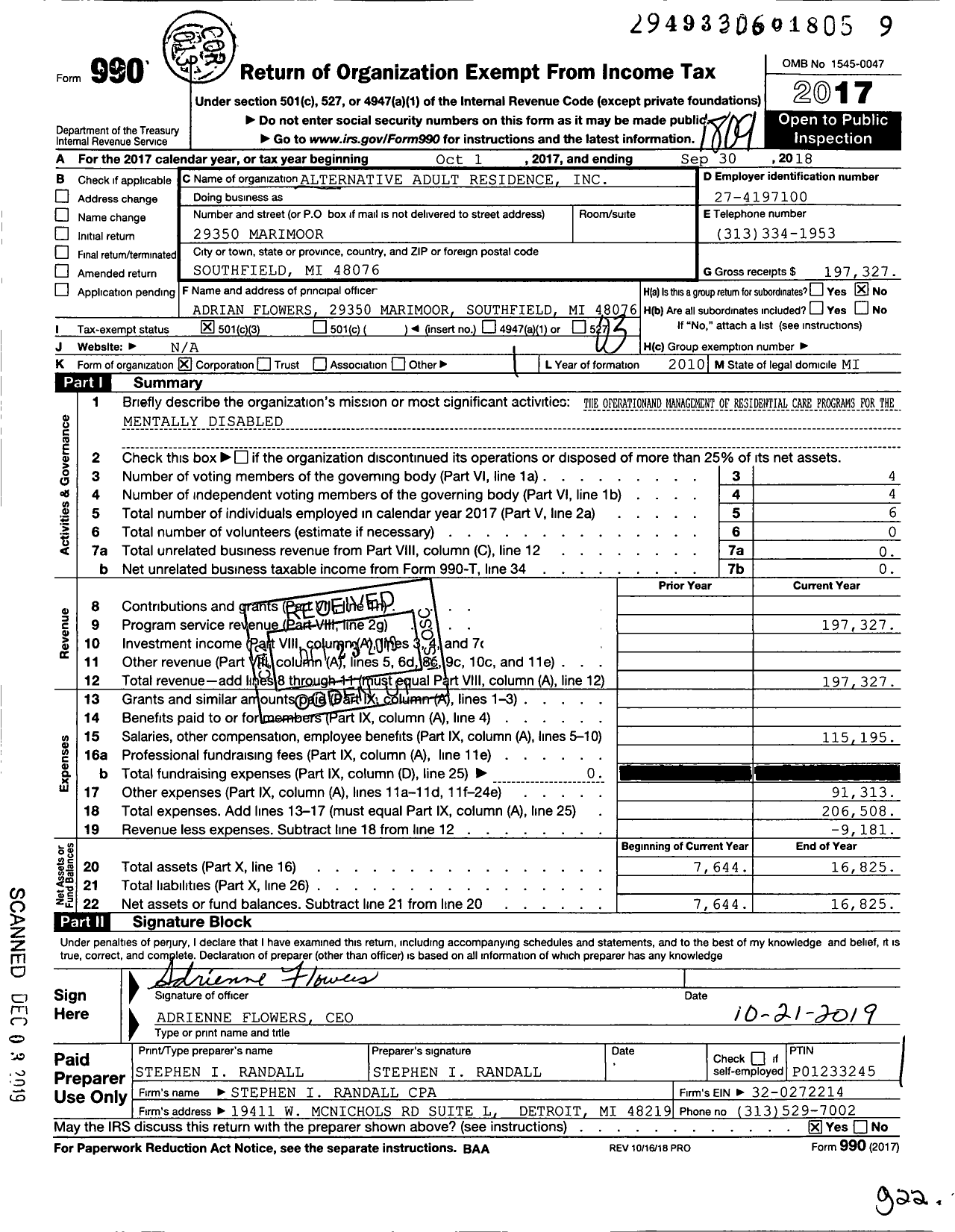 Image of first page of 2017 Form 990 for Alternative Adult Residence