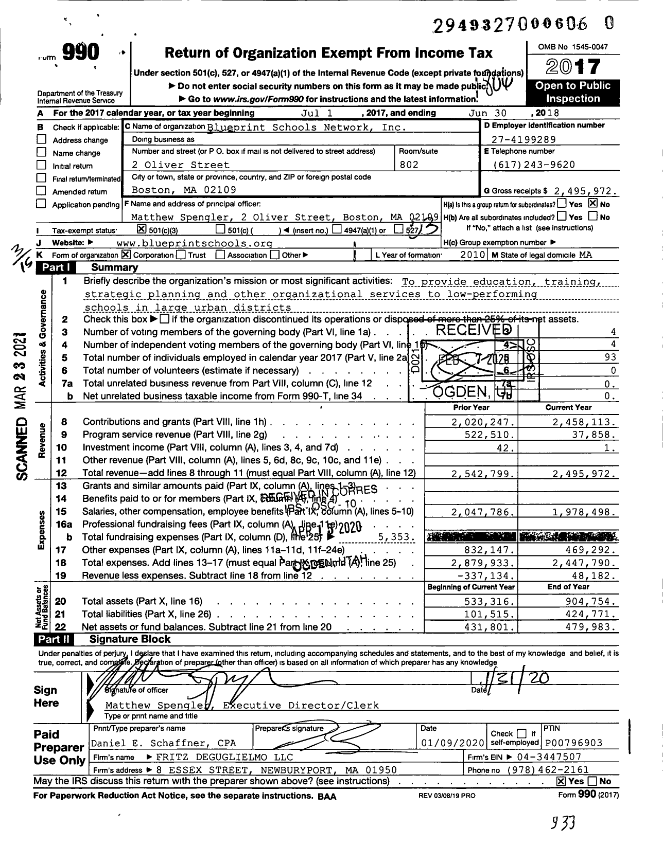 Image of first page of 2017 Form 990 for Blueprint Schools Network