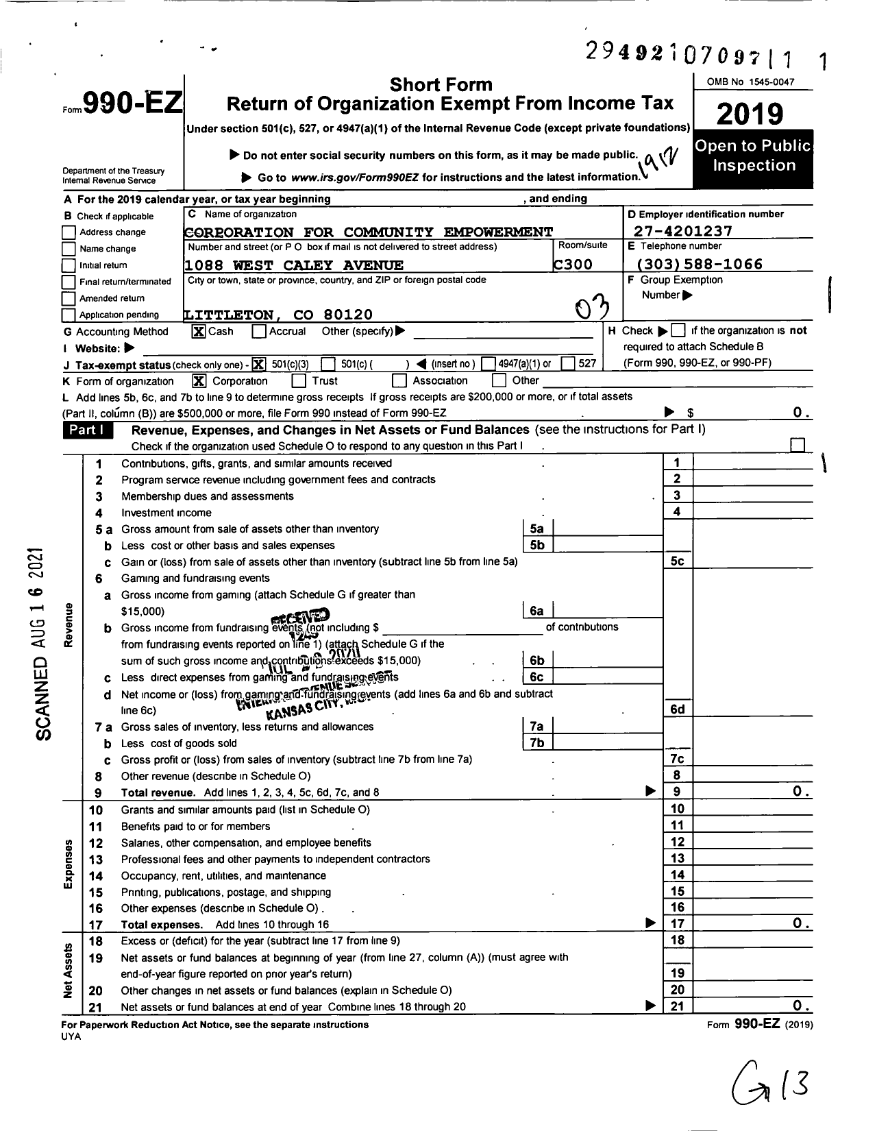 Image of first page of 2019 Form 990EZ for Corporation for Community Empowerment