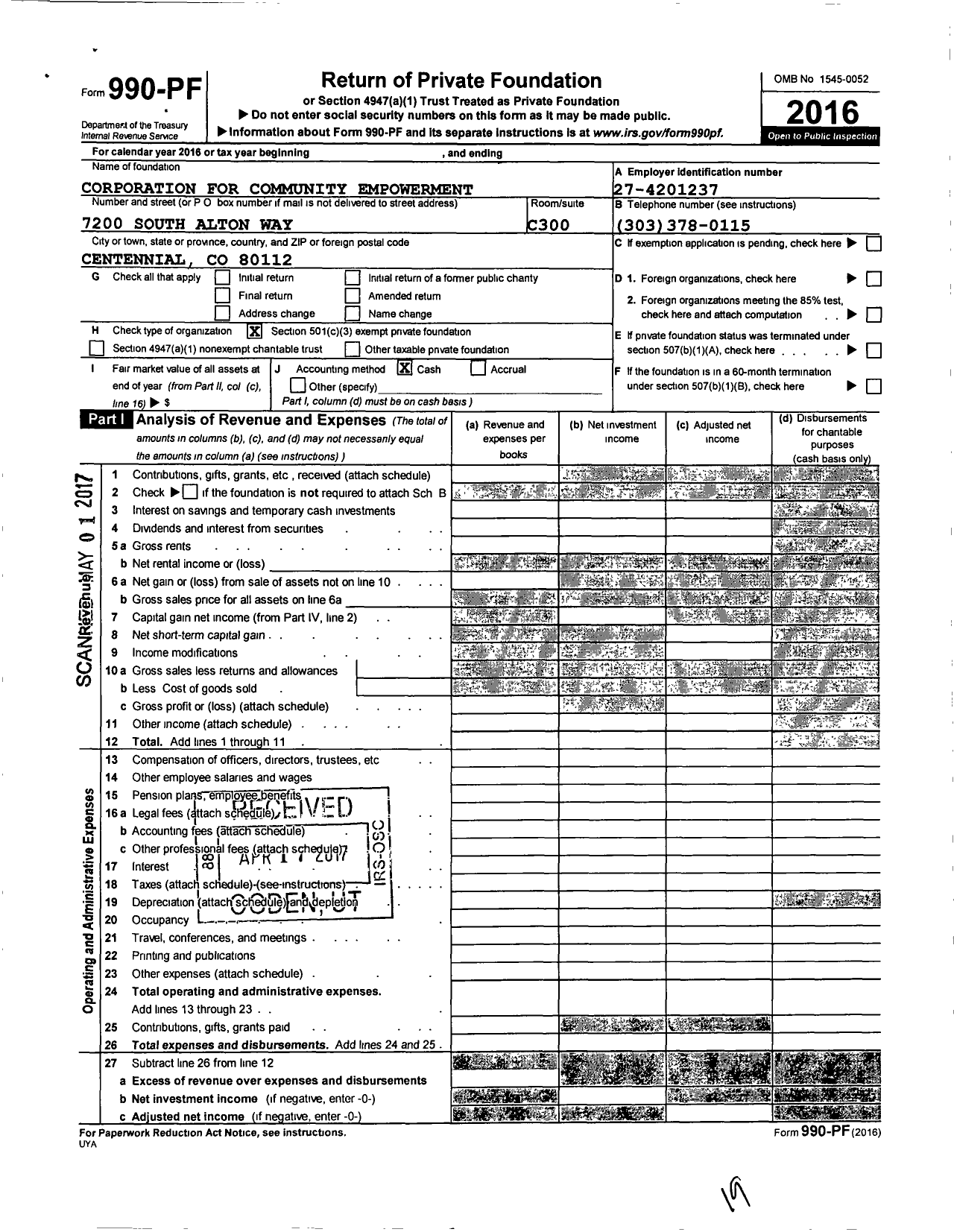 Image of first page of 2016 Form 990PF for Corporation for Community Empowerment