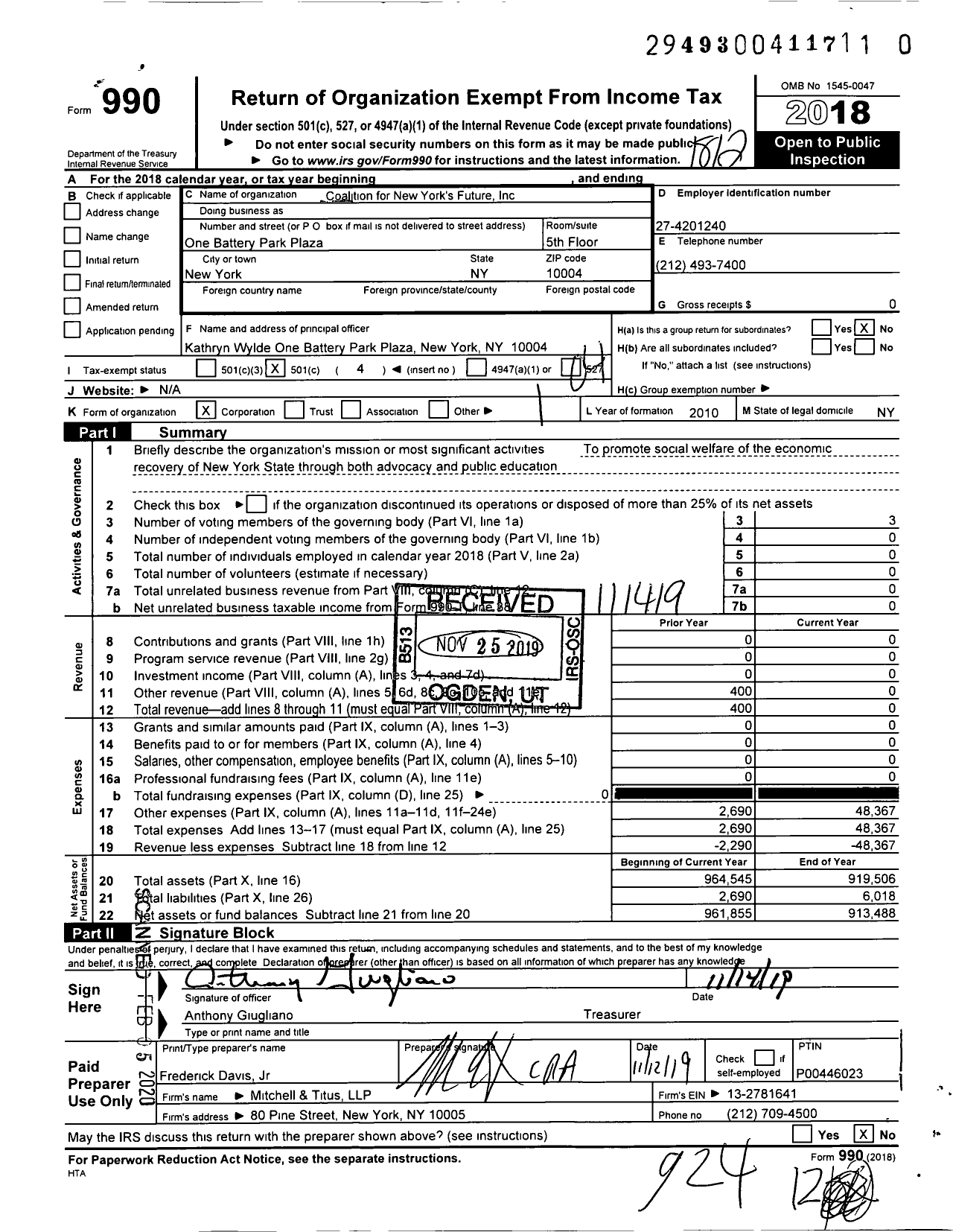 Image of first page of 2018 Form 990O for Coalition for New York's Future