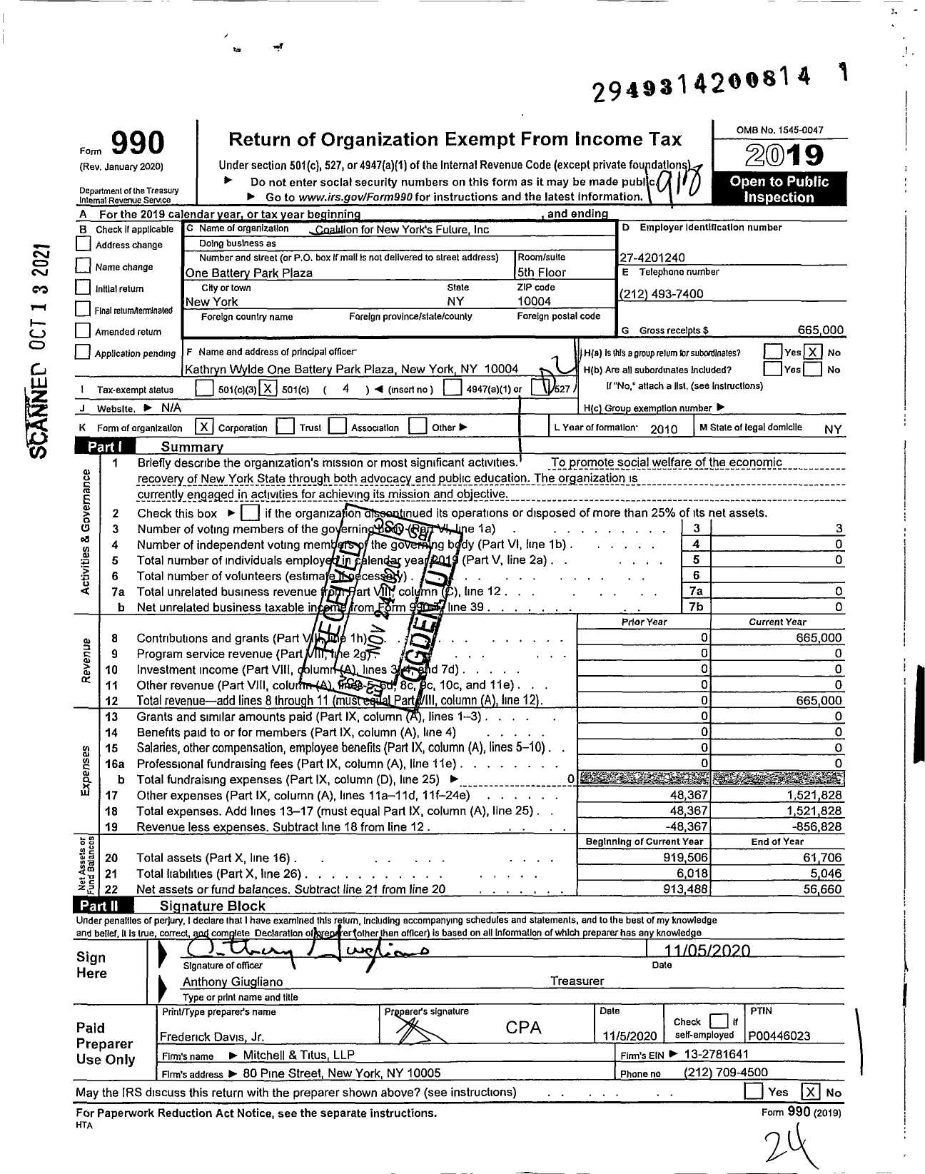 Image of first page of 2019 Form 990O for Coalition for New York's Future