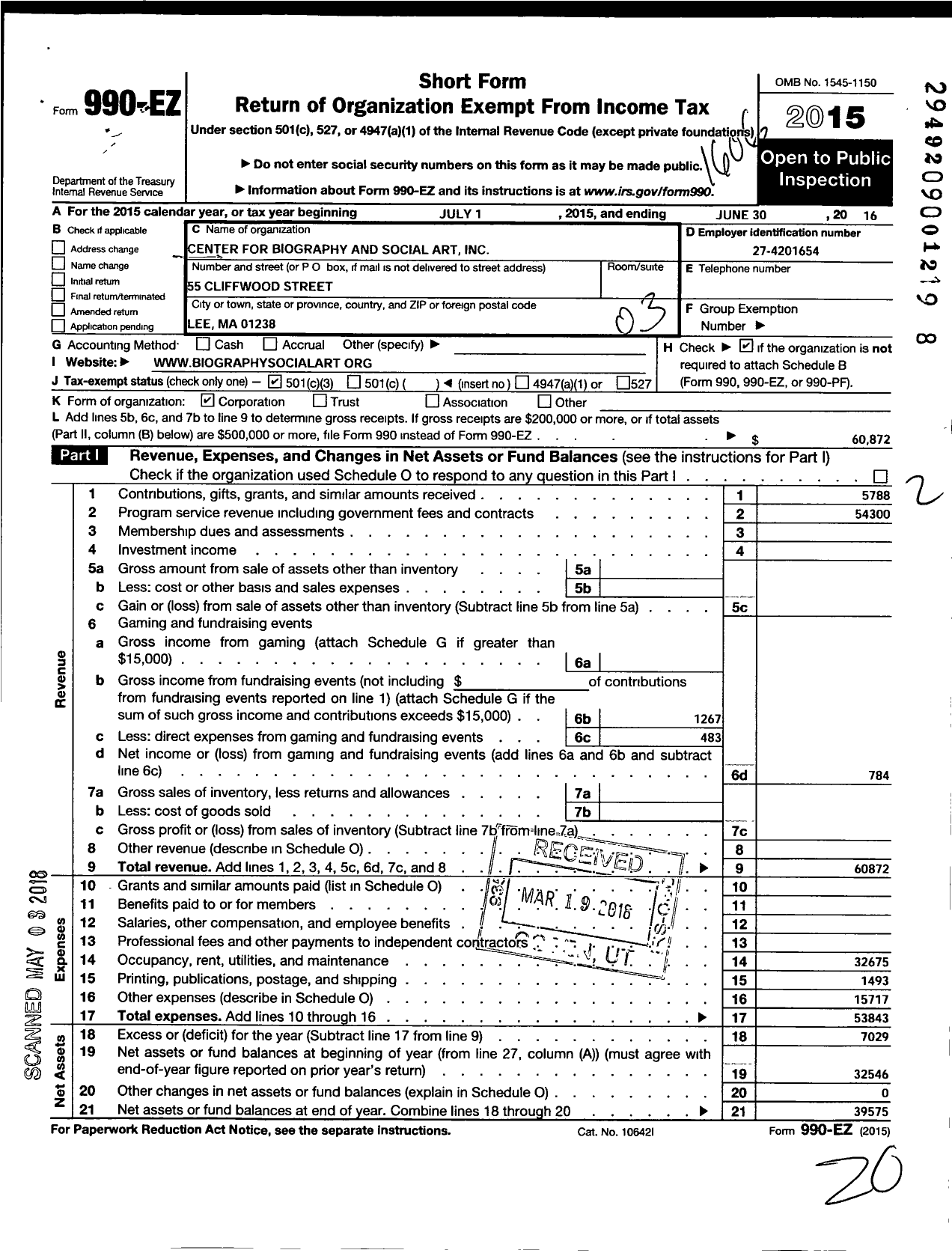 Image of first page of 2015 Form 990EZ for Center for Biography and Social Art