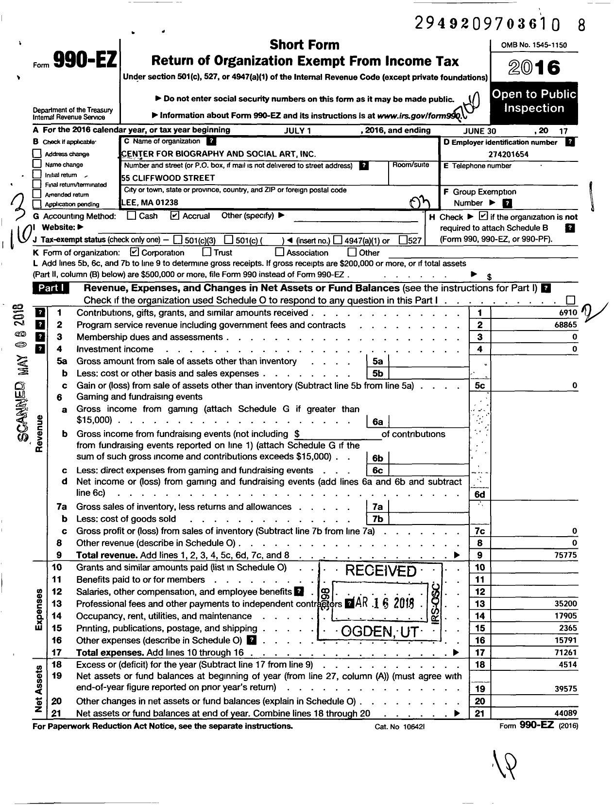 Image of first page of 2016 Form 990EZ for Center for Biography and Social Art