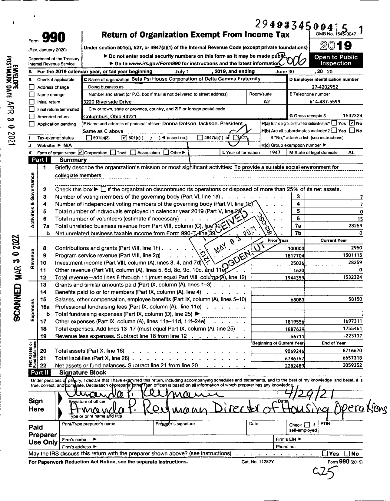 Image of first page of 2019 Form 990O for Beta Psi House Corporation of Delta Gamma Fraternity