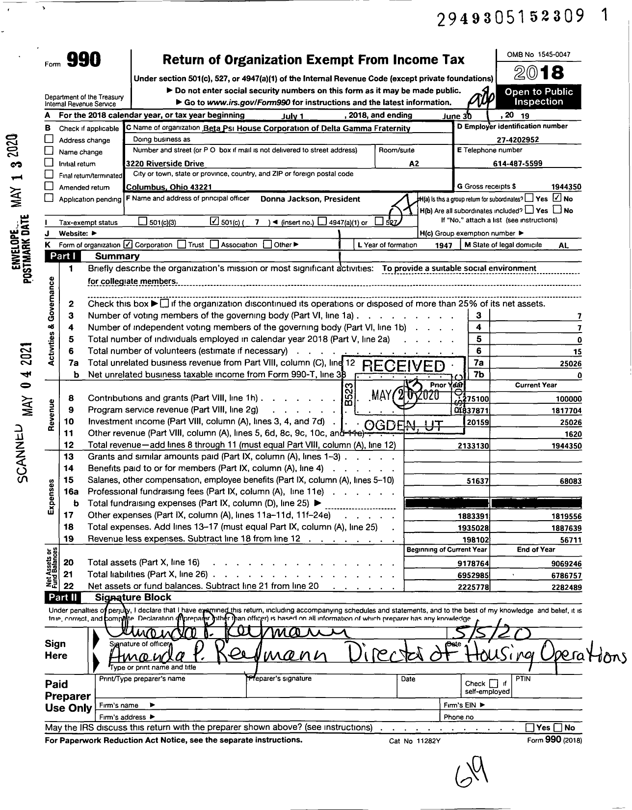 Image of first page of 2018 Form 990O for Beta Psi House Corporation of Delta Gamma Fraternity