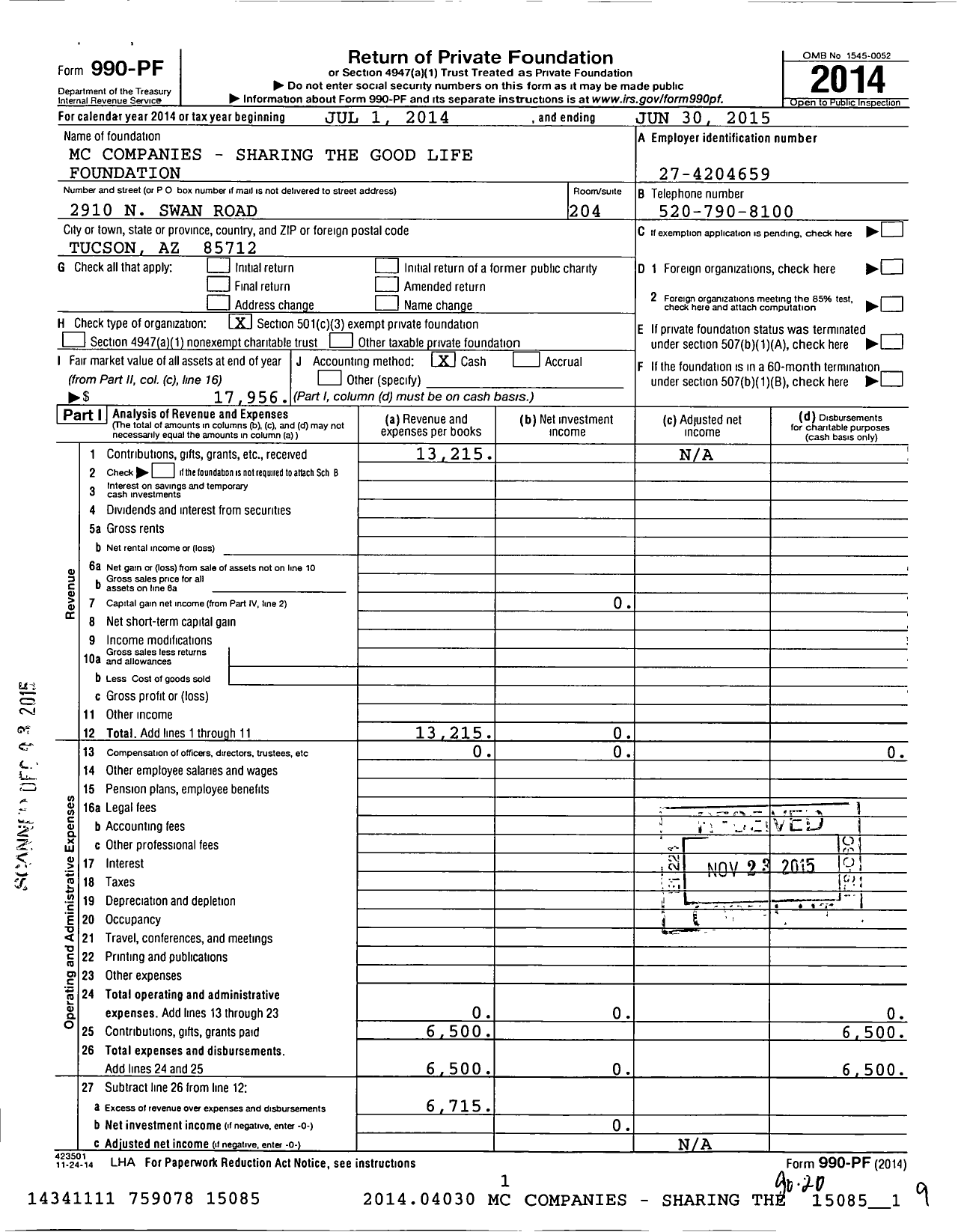 Image of first page of 2014 Form 990PF for MC Companies - Sharing the Good Life Foundation