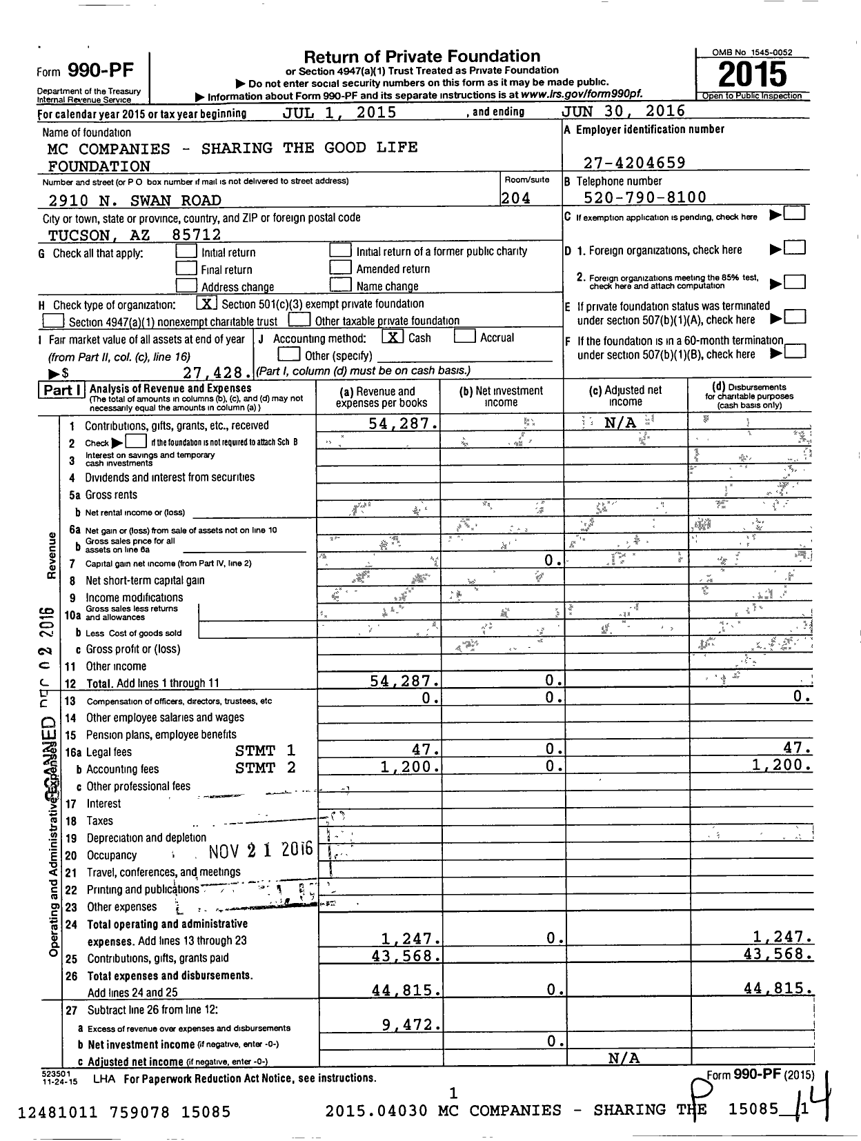 Image of first page of 2015 Form 990PF for MC Companies - Sharing the Good Life Foundation