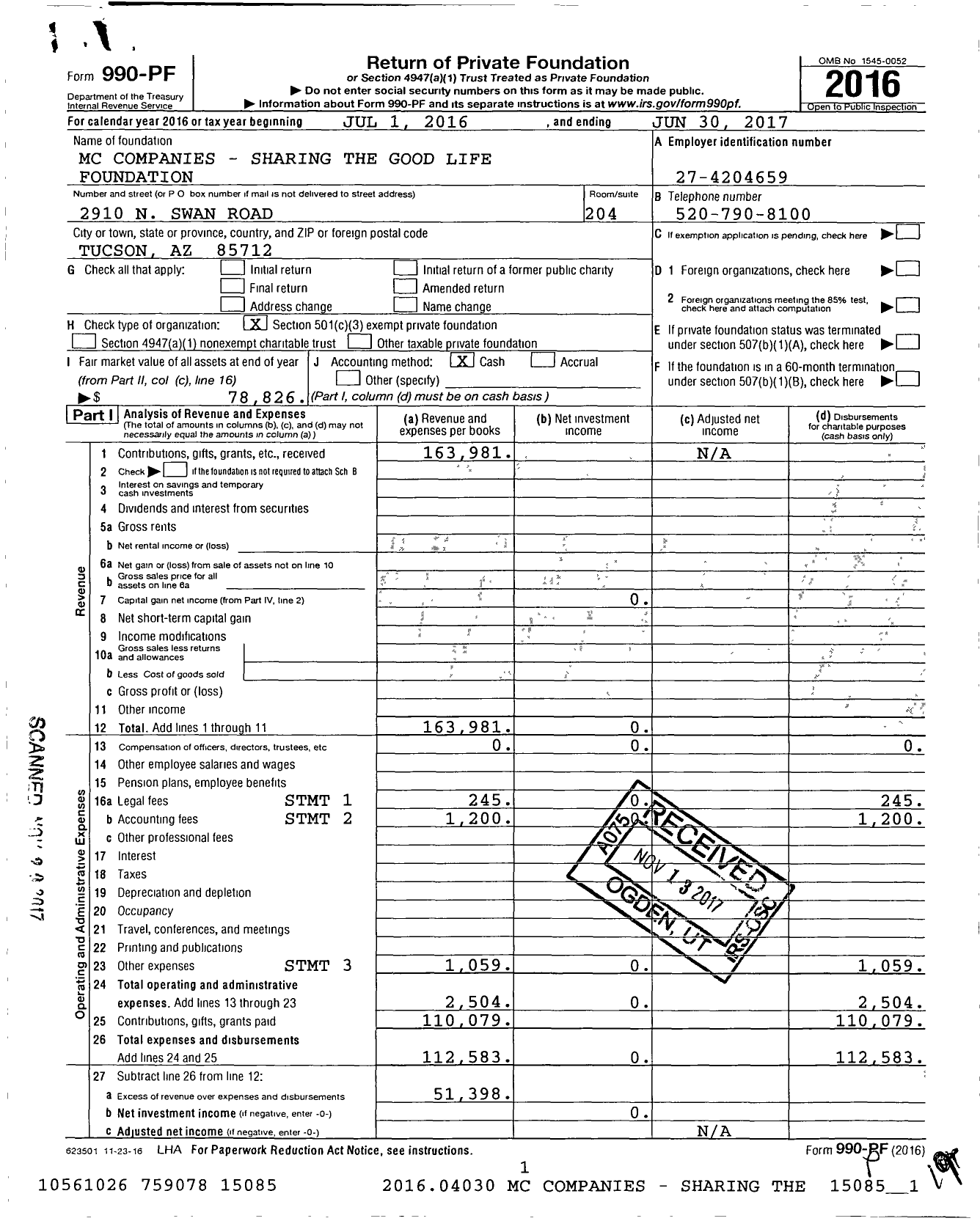 Image of first page of 2016 Form 990PF for MC Companies - Sharing the Good Life Foundation