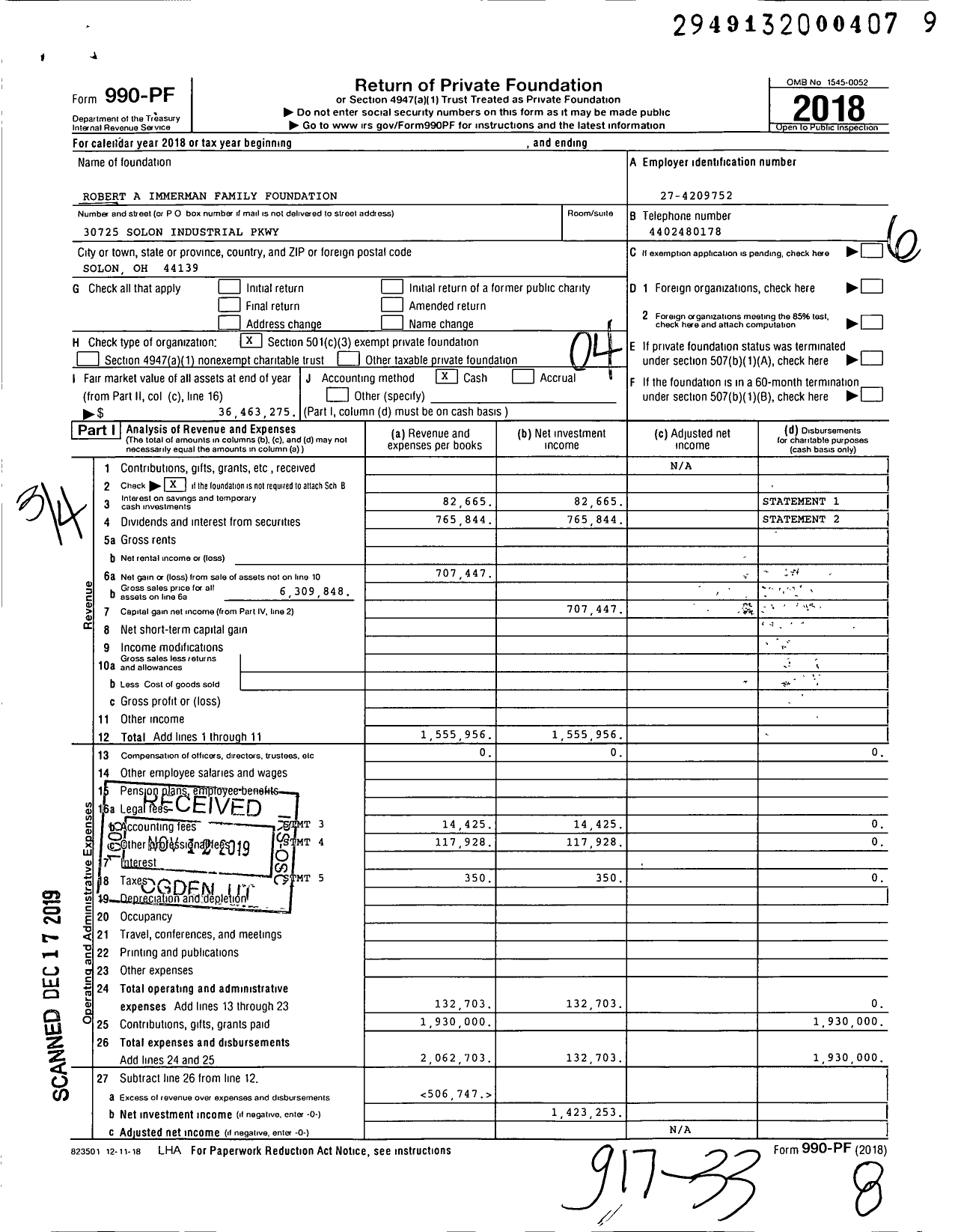 Image of first page of 2018 Form 990PF for The Robert A Immerman Family Foundation