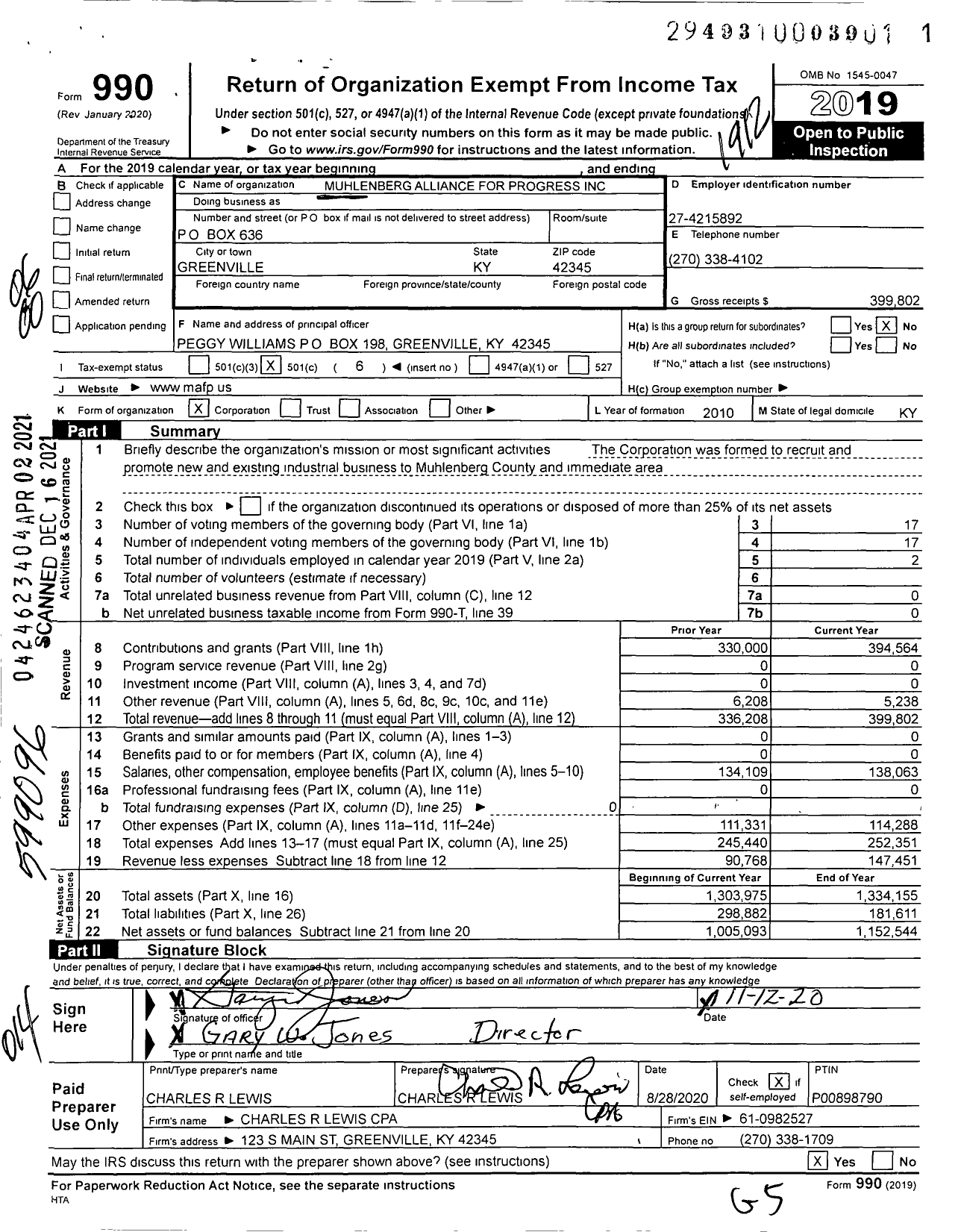 Image of first page of 2019 Form 990O for Muhlenberg Economic Growth Alliance