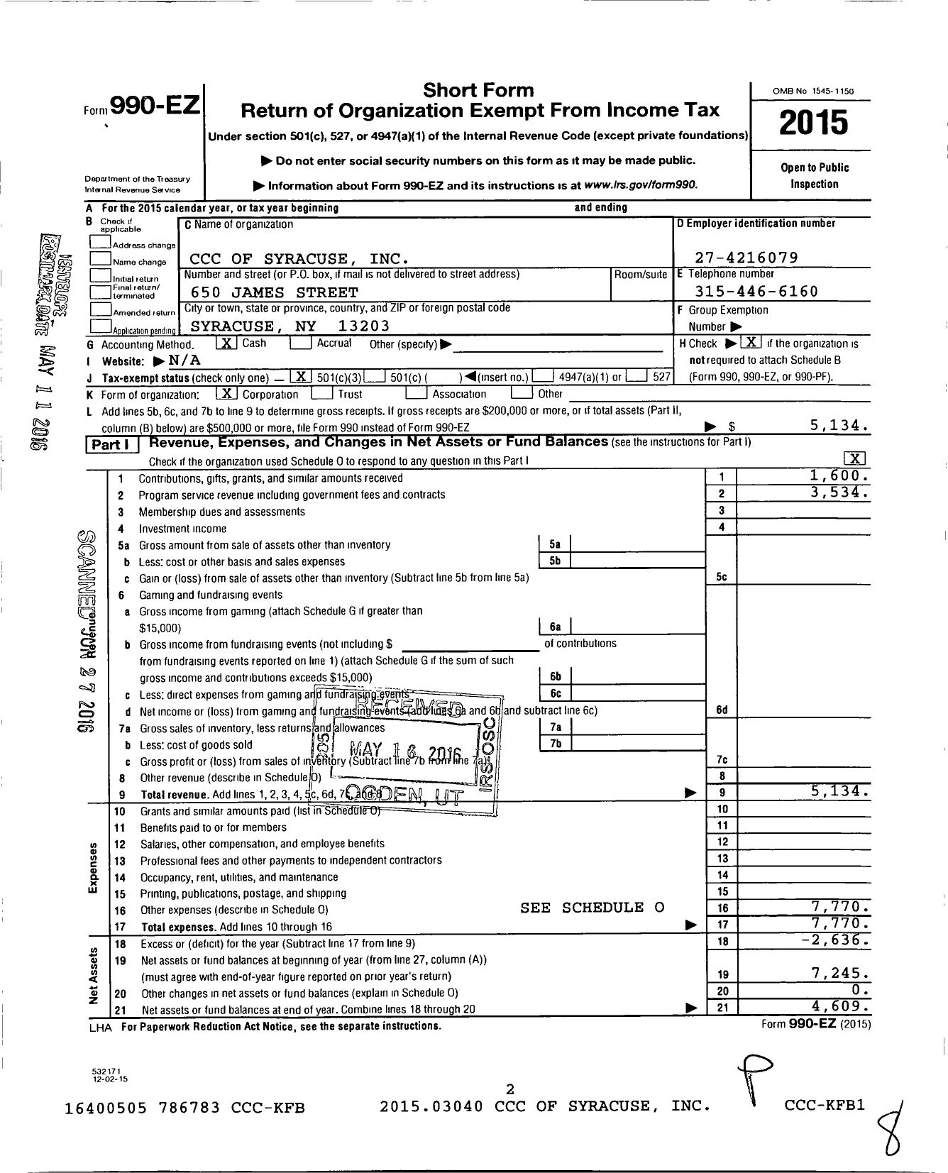 Image of first page of 2015 Form 990EZ for CCC of Syracuse