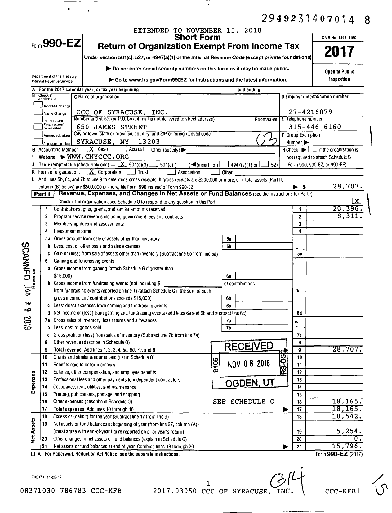 Image of first page of 2017 Form 990EZ for CCC of Syracuse